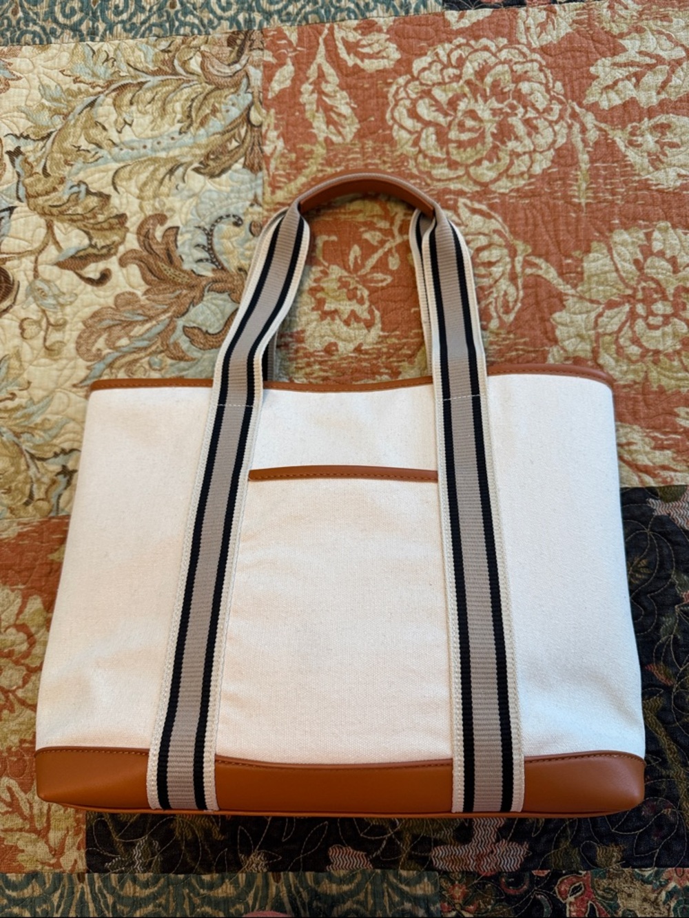 Canvas Tote Bag with Leather Trim - White & Tan